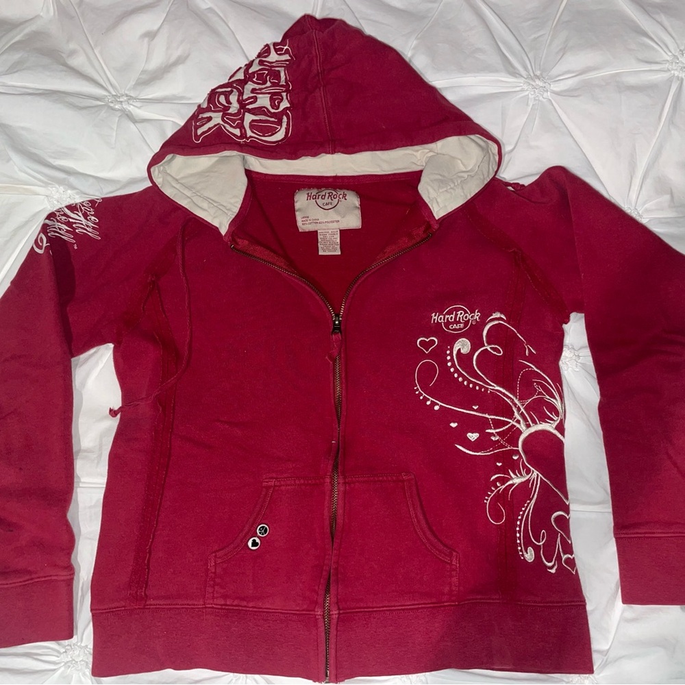 Vintage Hard Rock Cafe (Las Vegas) Maroon Hoodie with Beige Accents
